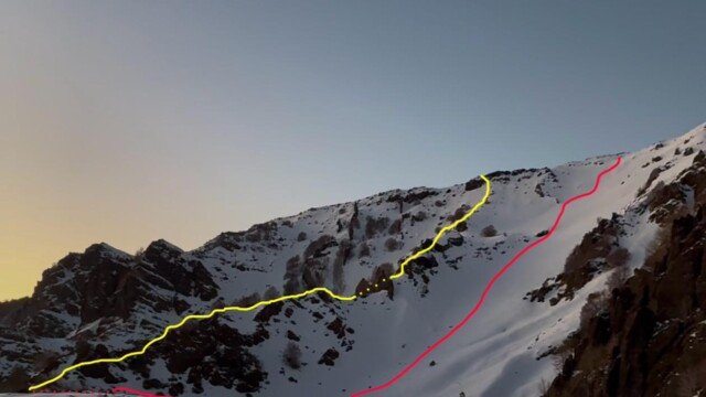 Il percorso alpinistico della Serra dell'Acqua visto da una diversa prospettiva. In rosso l'avvicinamento in giallo la salita serra dell'acqua etna valle del bove