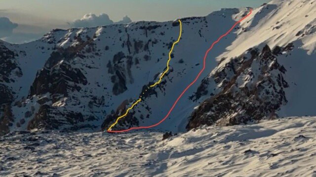 Il percorso alpinistico della Serra dell'Acqua. In rosso l'avvicinamento in giallo la salita serra dell'acqua percorso alpinistico etna est